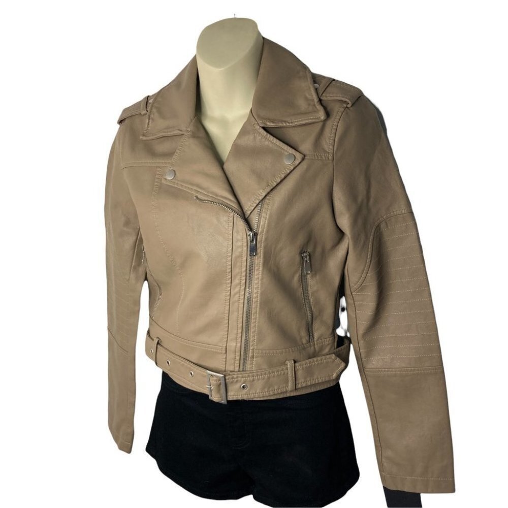 Collection B Faux Leather Belted Moto Jacket Brown Size Small - Picture 5 of 12